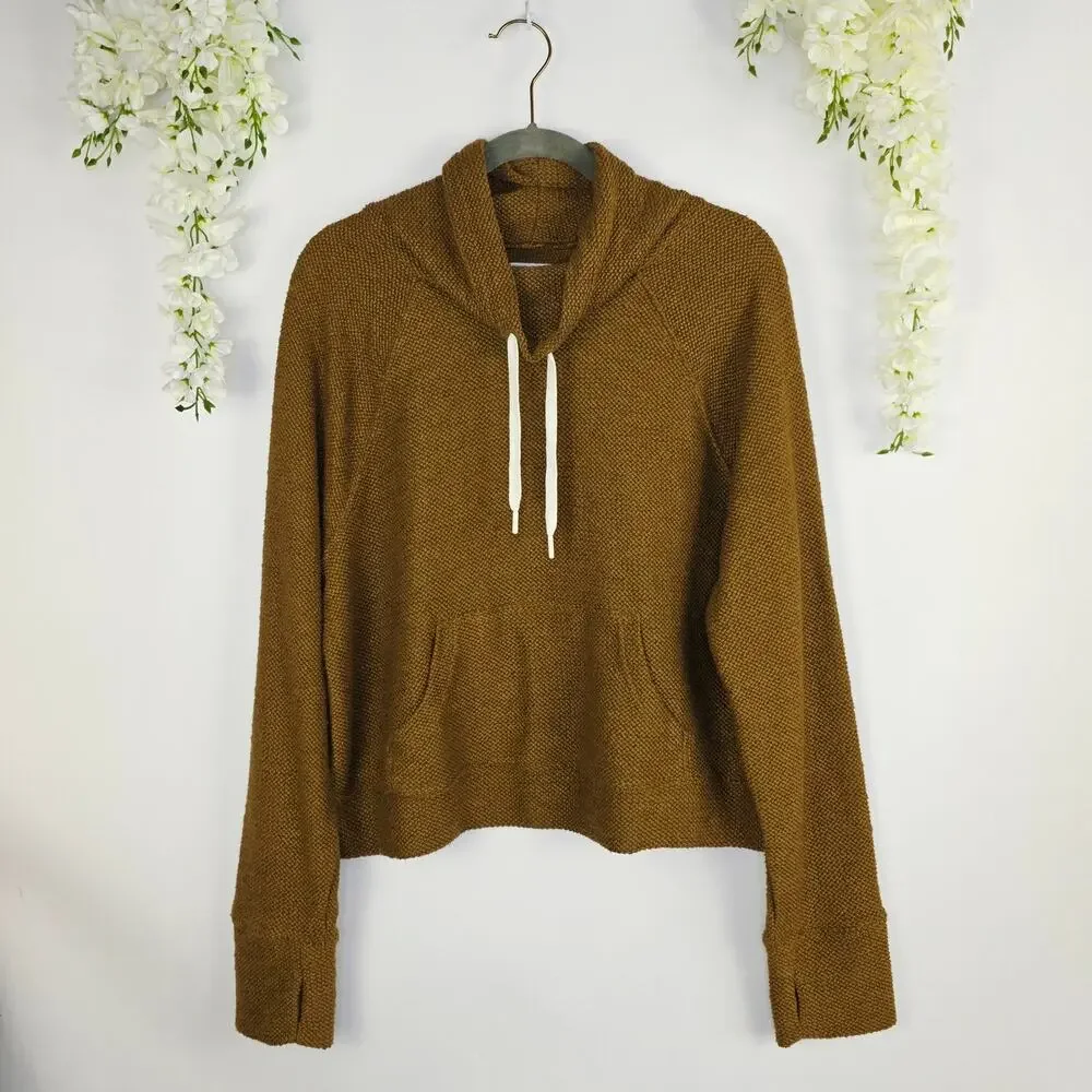 Aerie OFFLINE Hoodie Large Brown Textured Knit Thumbhole Pockets Cozy Athleisure